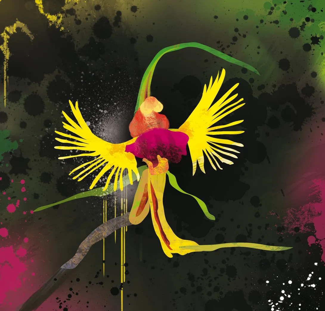 Digital painting of a yellow and pink orchid-like bird of paradise on a dark, paint-speckled background