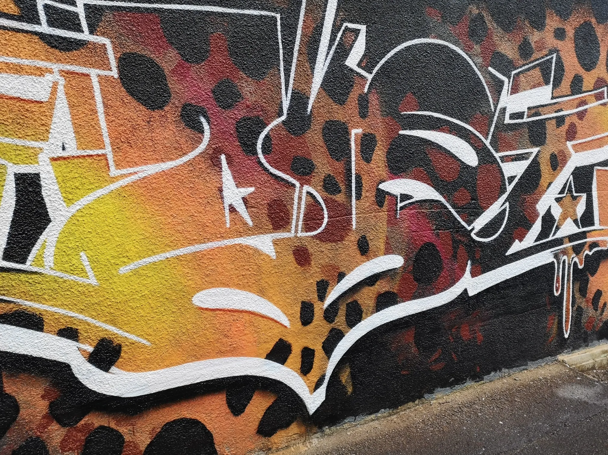 Graffiti piece with white lettering over an orange and black leopard-print background